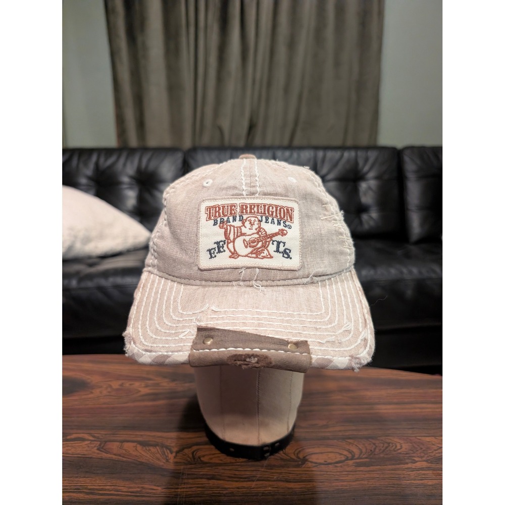 Vintage True Religion Tan Linen Cotton Distressed Buddha Logo Snapback Hat Cap
